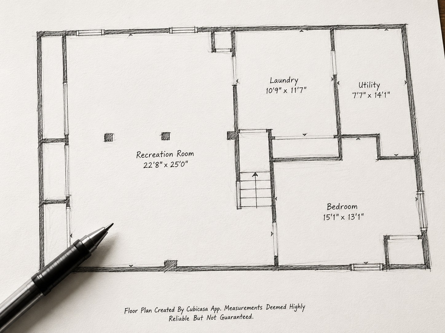 Hand-drawn style floor plan sketch showing a recreation room, laundry, utility, and bedroom with labeled dimensions